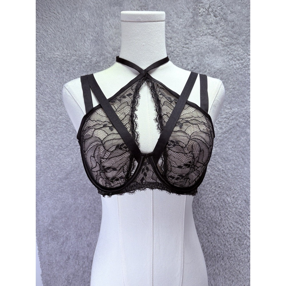 Victoria's Secret Very Sexy Bra 36D Black Lace Strappy Choker Unlined Demi